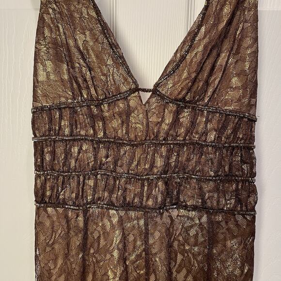 BCBGMAXAZRIA Beaded Lace/Silk Dress Sz 8 Gold/Brown Sleeveless Cocktail Wedding - Picture 5 of 12